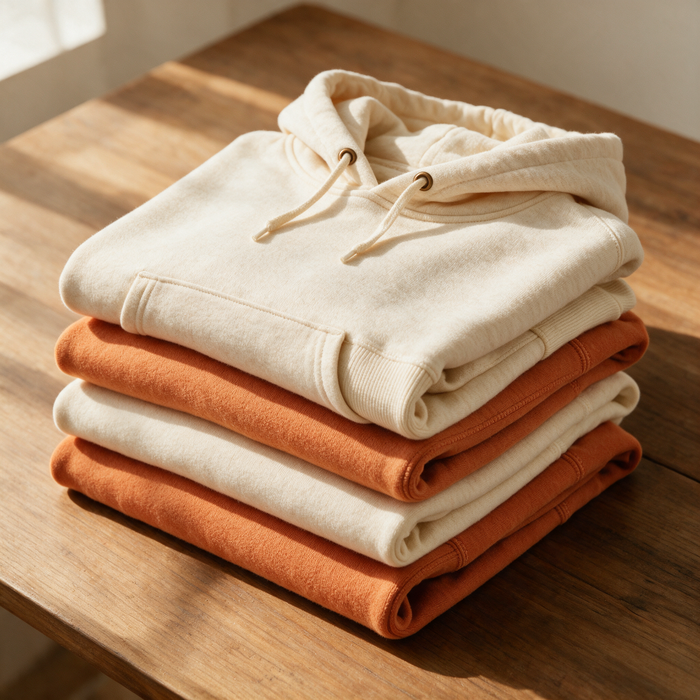 Stack of blank folded hoodies for bulk custom orders