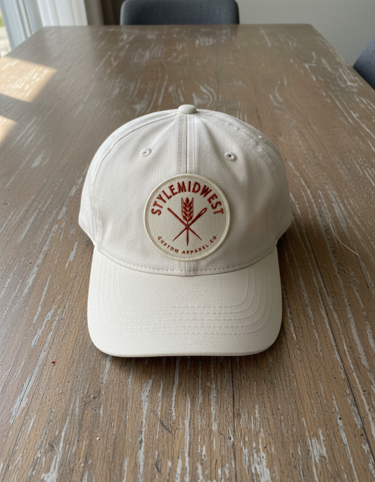 StyleMidwest custom hat with stitched wheat and needle patch