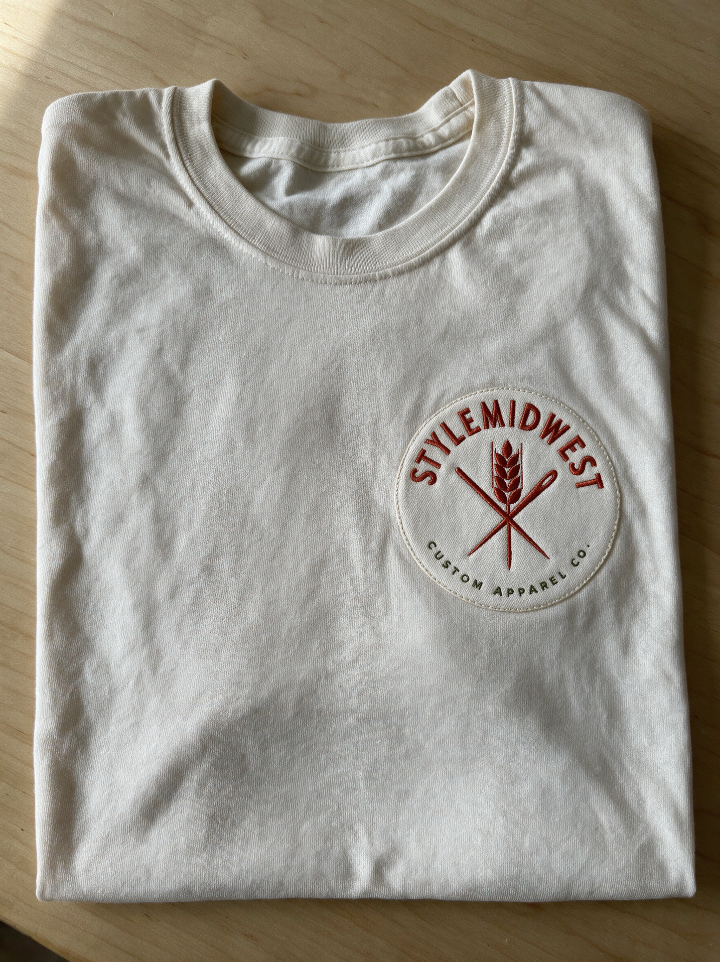 StyleMidwest custom t-shirt with stitched wheat and needle patch