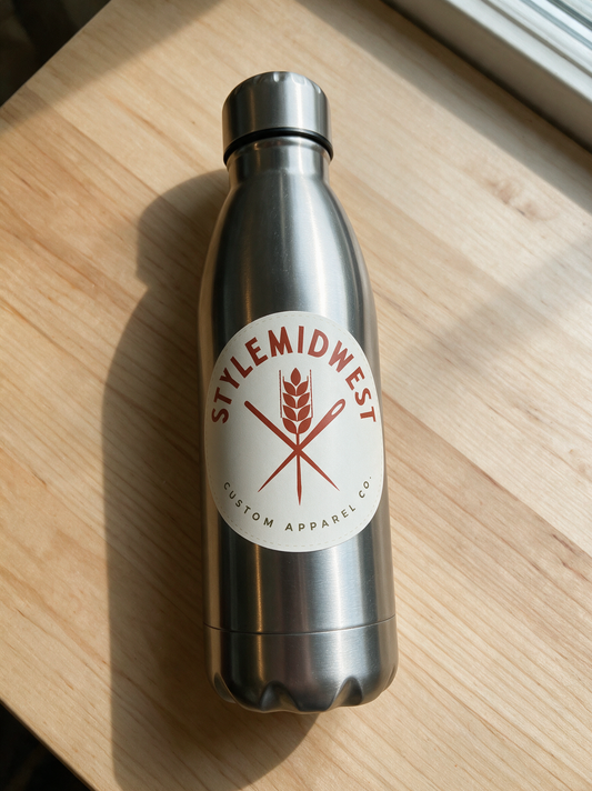 StyleMidwest custom water bottle with stitched patch design