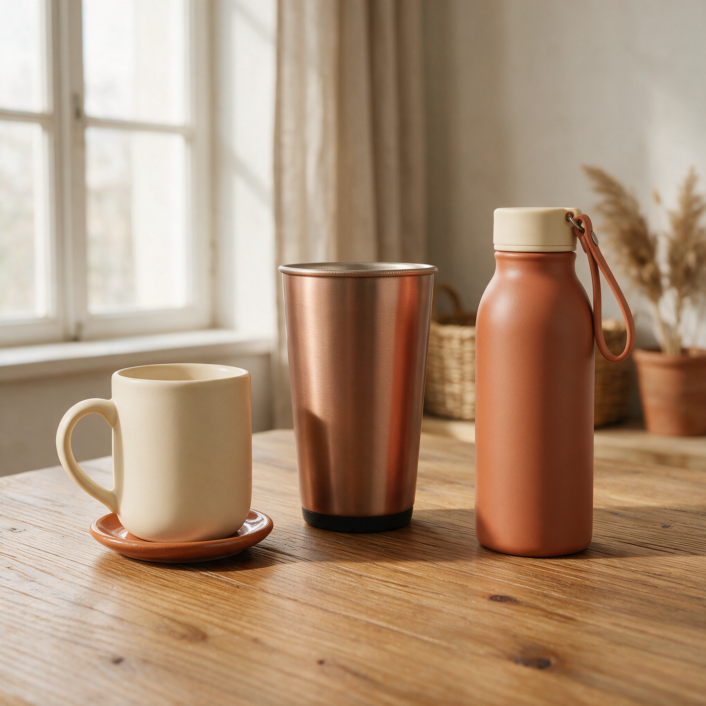 Lineup of blank mugs, tumblers, and water bottles for bulk custom orders