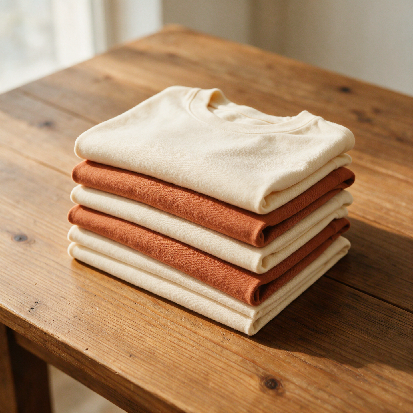 Stack of blank folded t-shirts for bulk custom orders